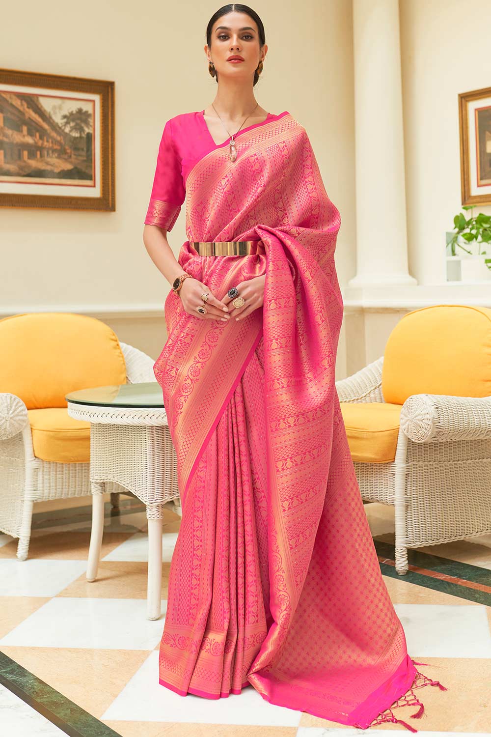 Pink Glossy Handloom Binny Silk Saree with Zari Weaving