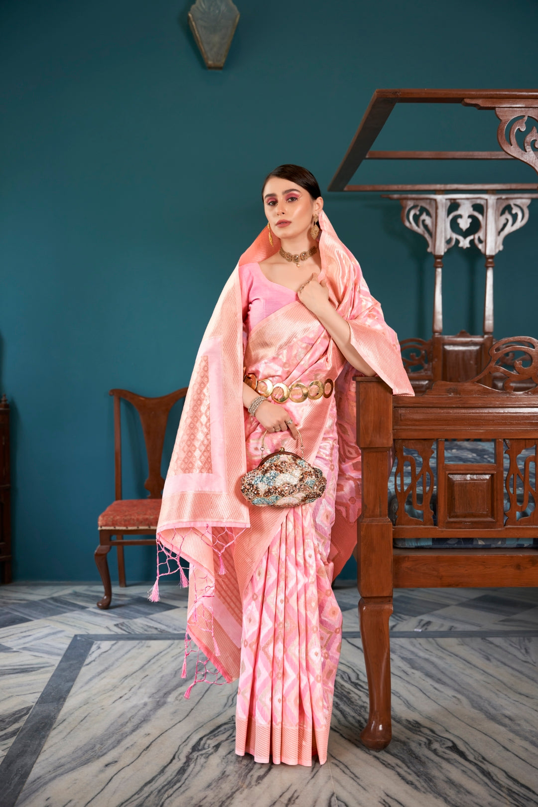 Pink & Gold Elegant Banarasi Saree with Geometric Zari Weaving