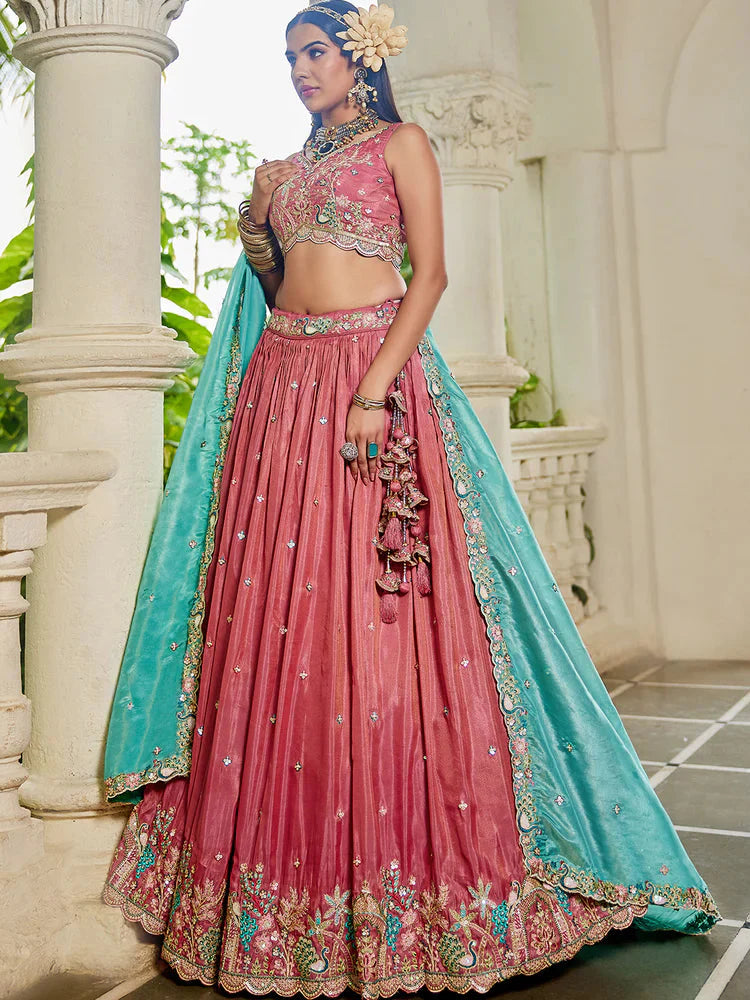 Pink Golden Satin Lehenga Choli Set with Embroidered Dupatta Indian Bridal Outfit