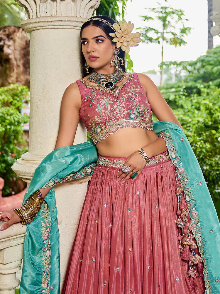Pink Golden Satin Lehenga Choli Set with Embroidered Dupatta Indian Bridal Outfit