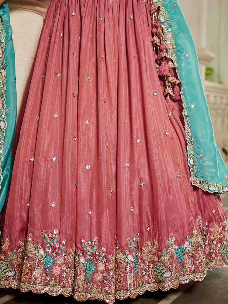 Pink Golden Satin Lehenga Choli Set with Embroidered Dupatta Indian Bridal Outfit