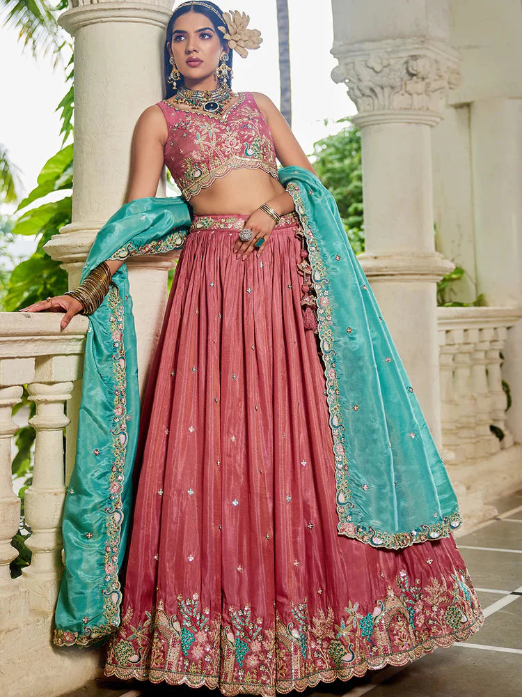 Pink Golden Satin Lehenga Choli Set with Embroidered Dupatta Indian Bridal Outfit