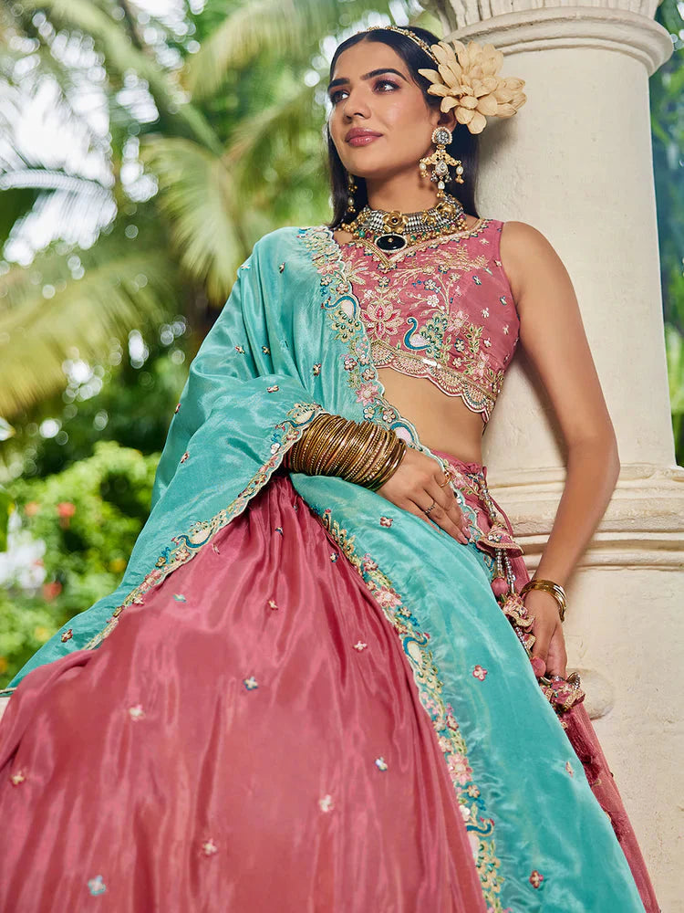 Pink Golden Satin Lehenga Choli Set with Embroidered Dupatta Indian Bridal Outfit