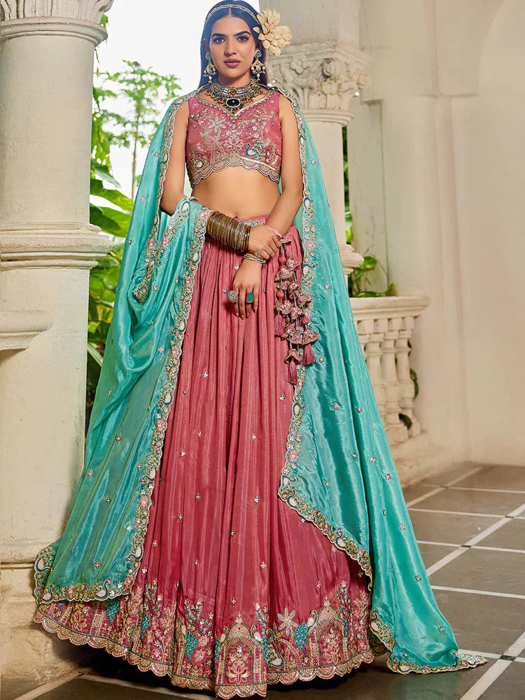 Pink Golden Satin Lehenga Choli Set with Embroidered Dupatta Indian Bridal Outfit