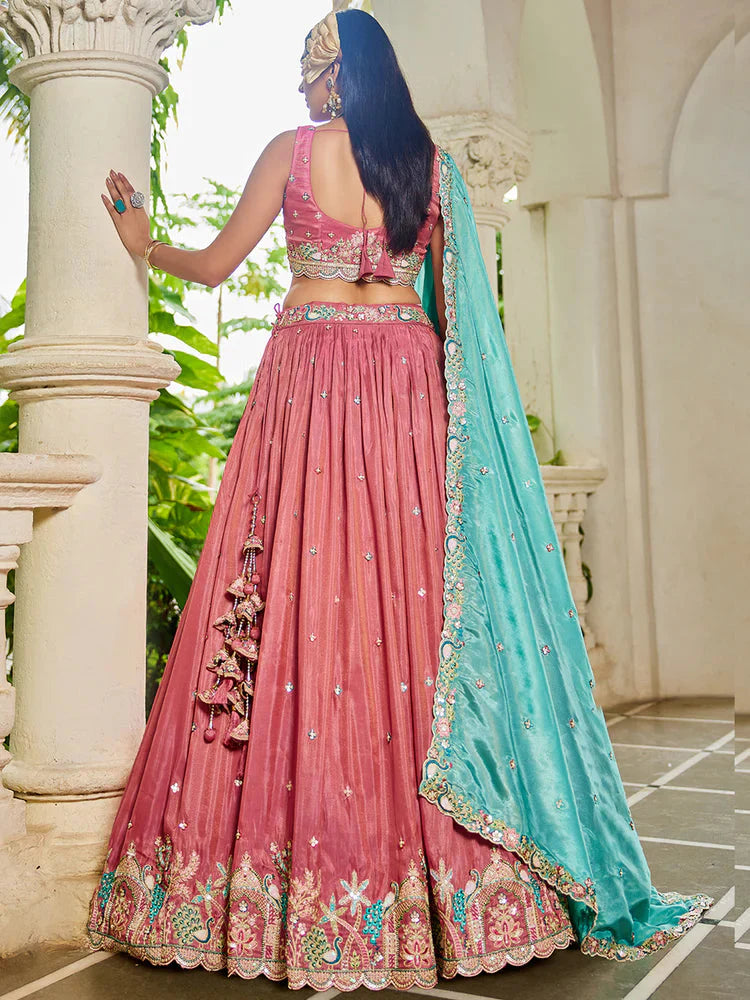 Pink Golden Satin Lehenga Choli Set with Embroidered Dupatta Indian Bridal Outfit