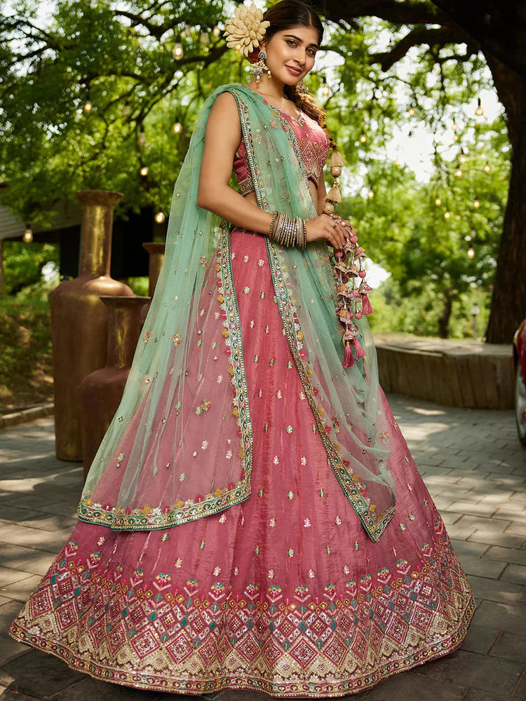 Pink Gorgeous Pure Georgette Tissue Lehenga Choli Set with Heavy Sequin & Thread Embroidery Work
