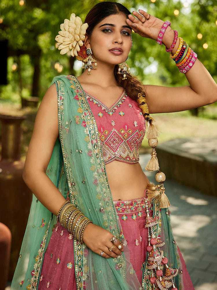 Pink Gorgeous Pure Georgette Tissue Lehenga Choli Set with Heavy Sequin & Thread Embroidery Work