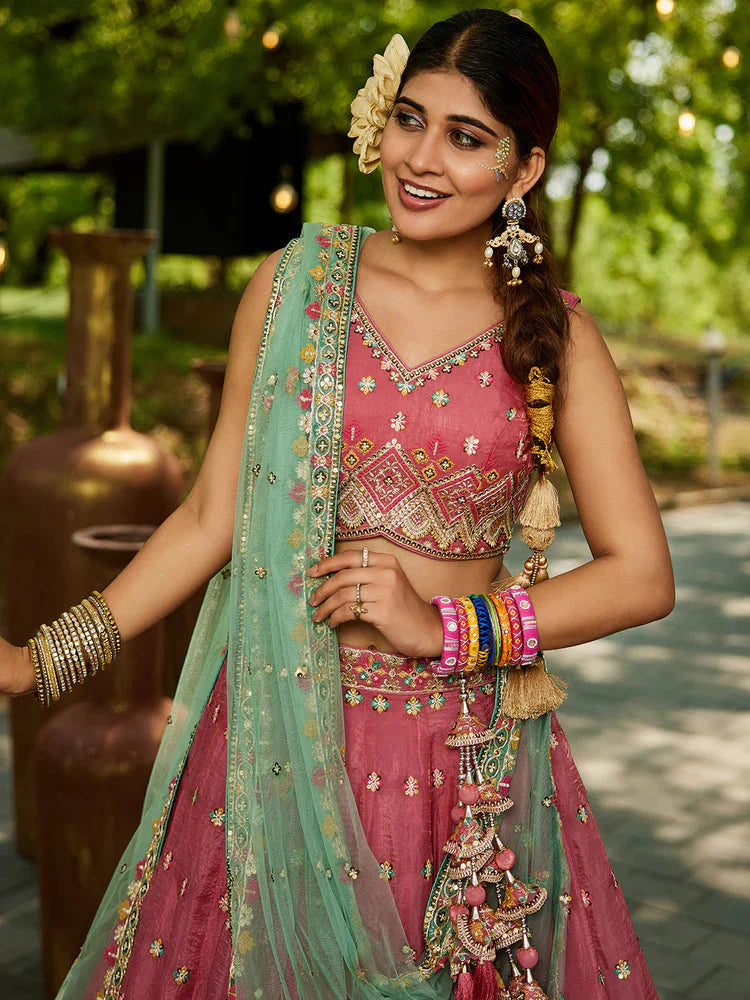 Pink Gorgeous Pure Georgette Tissue Lehenga Choli Set with Heavy Sequin & Thread Embroidery Work