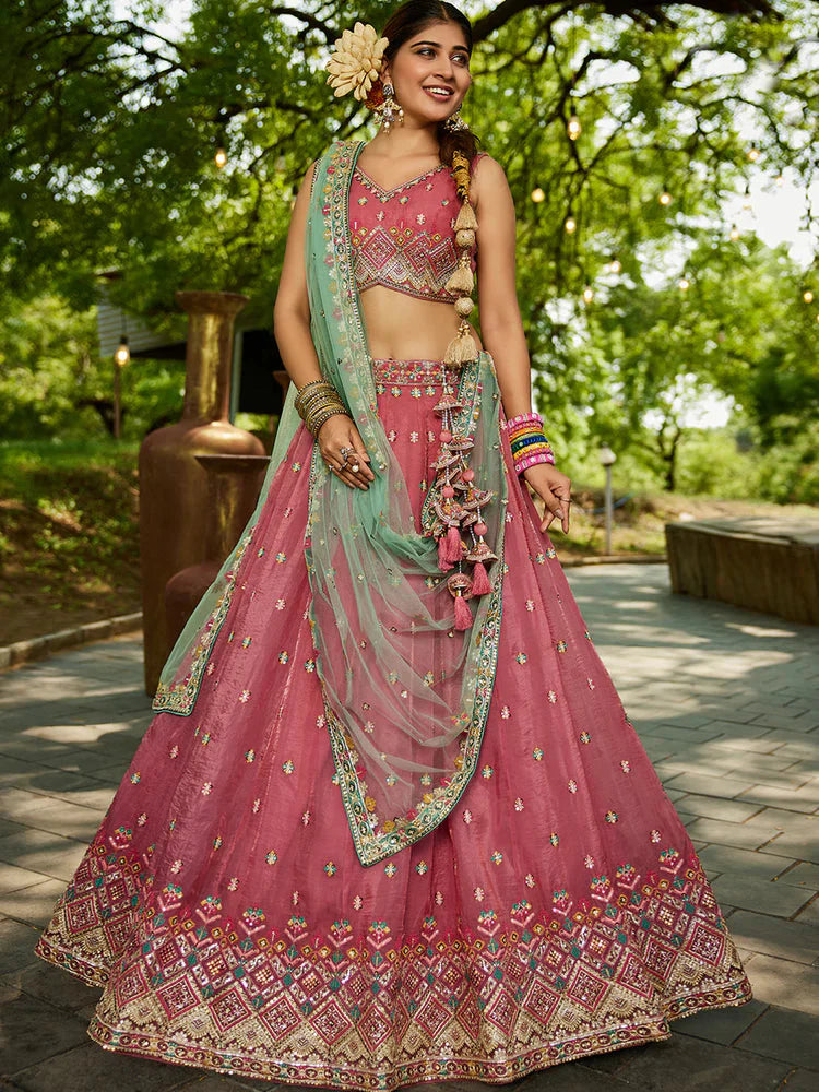 Pink Gorgeous Pure Georgette Tissue Lehenga Choli Set with Heavy Sequin & Thread Embroidery Work