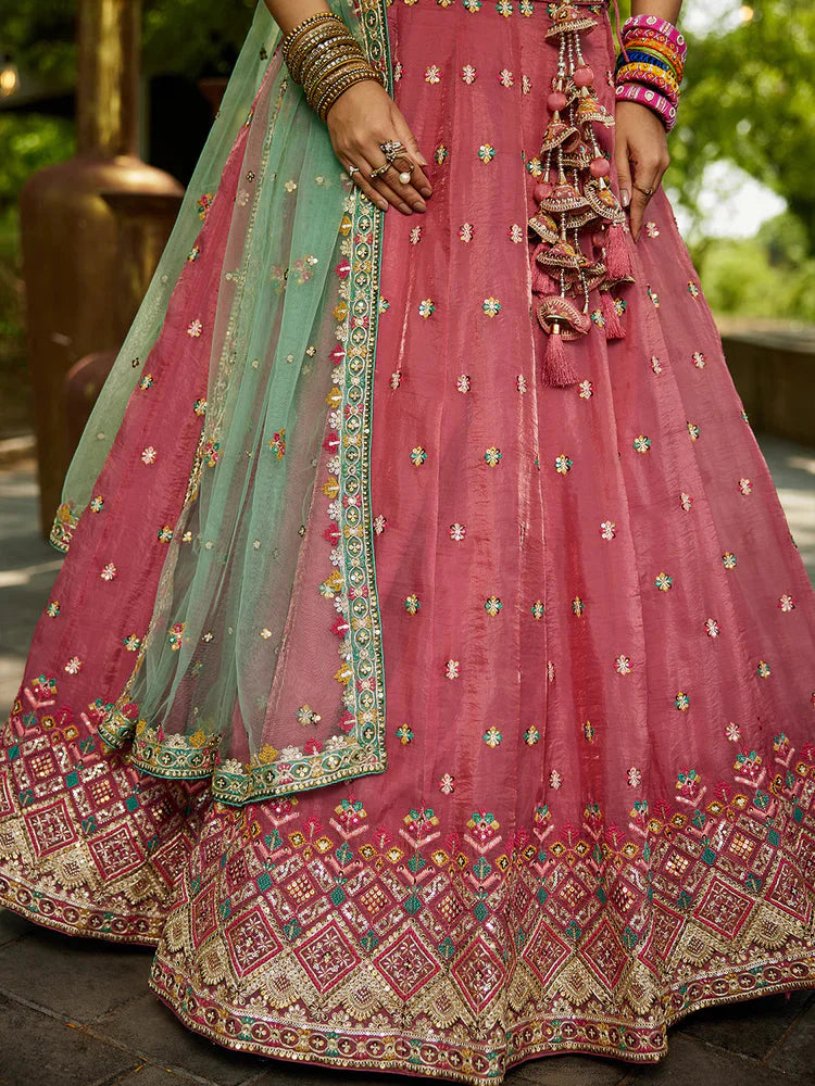 Pink Gorgeous Pure Georgette Tissue Lehenga Choli Set with Heavy Sequin & Thread Embroidery Work
