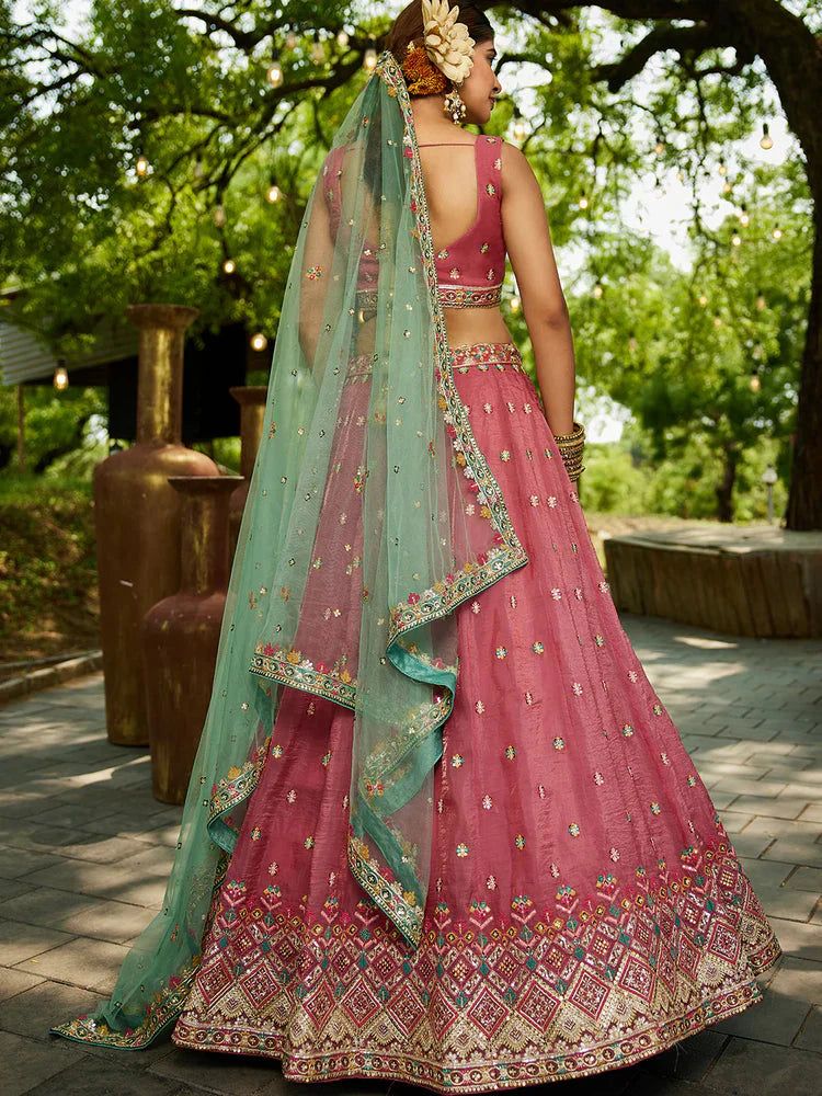 Pink Gorgeous Pure Georgette Tissue Lehenga Choli Set with Heavy Sequin & Thread Embroidery Work