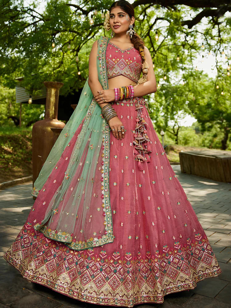 Pink Gorgeous Pure Georgette Tissue Lehenga Choli Set with Heavy Sequin & Thread Embroidery Work
