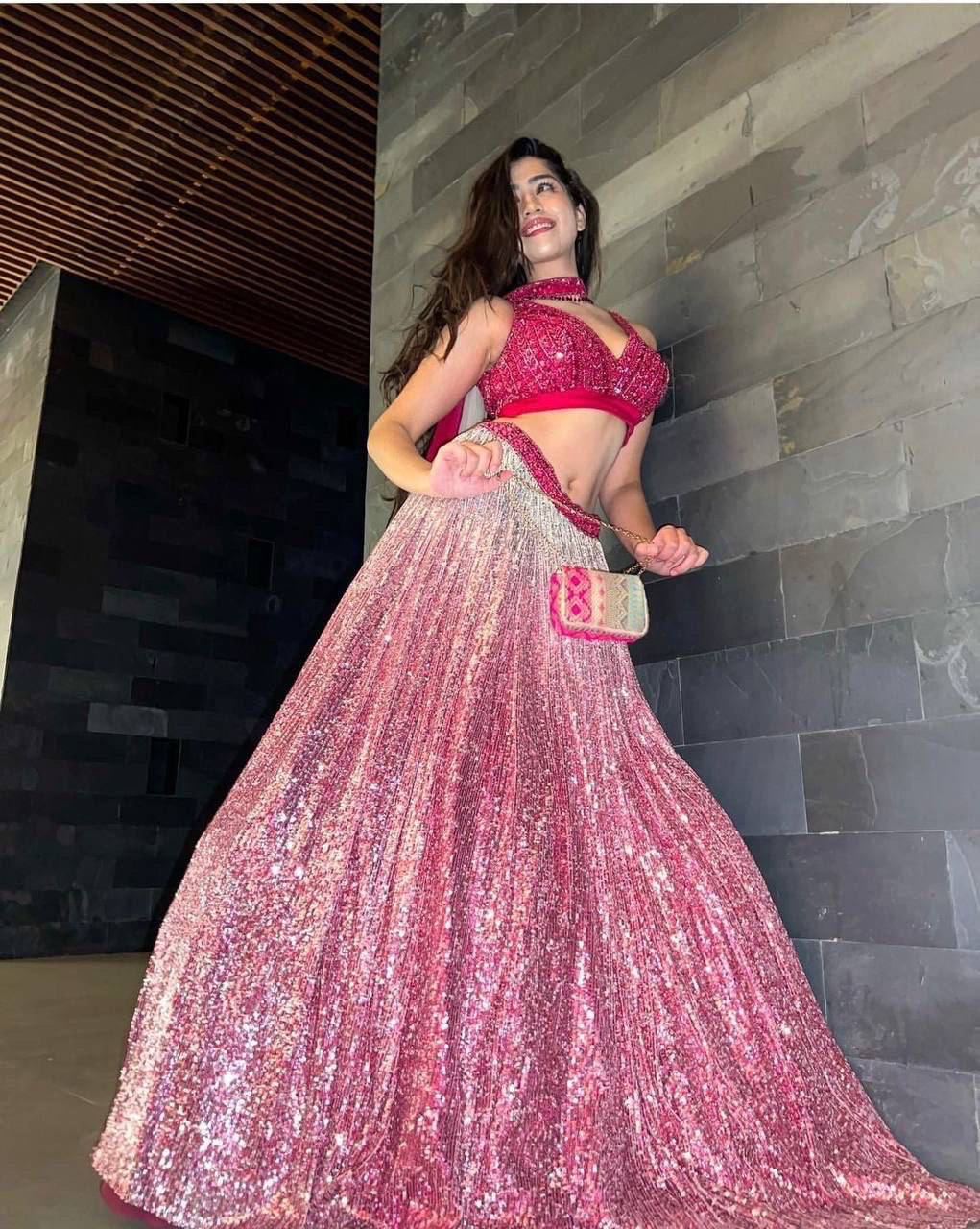 Pink Gorgeous Satin Silk Sequined Lehenga Set