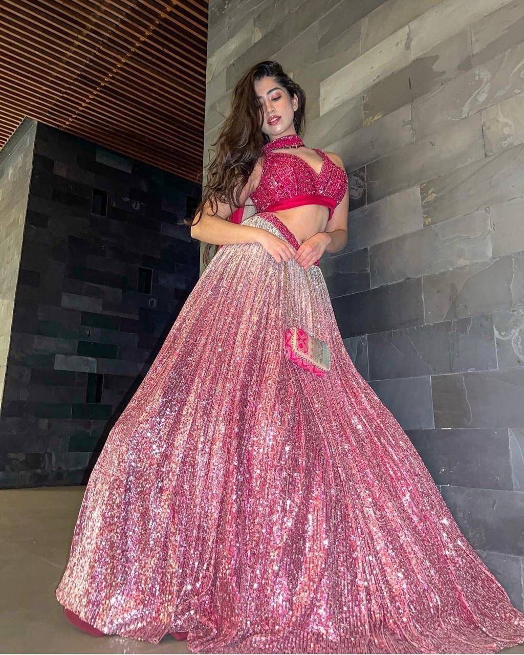 Pink Gorgeous Satin Silk Sequined Lehenga Set
