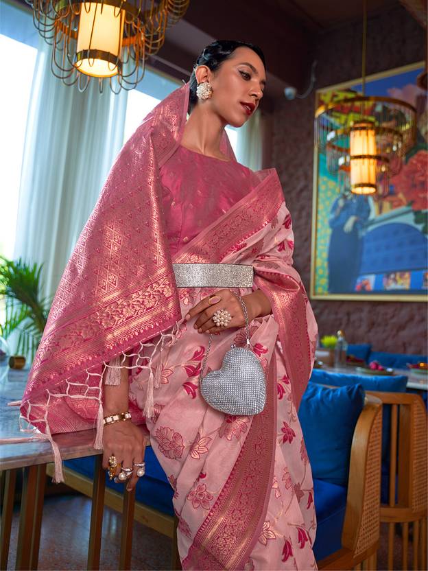 Pink Graceful Bollywood Style Organza Saree with Unstitched Blouse Piece