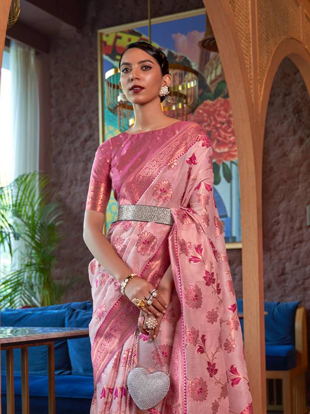 Pink Graceful Bollywood Style Organza Saree with Unstitched Blouse Piece