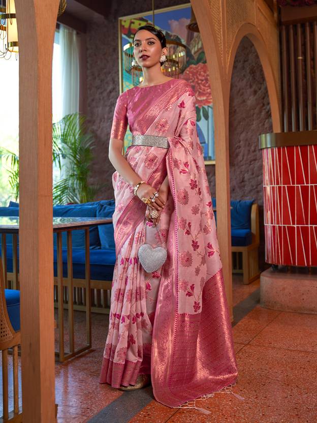 Pink Graceful Bollywood Style Organza Saree with Unstitched Blouse Piece