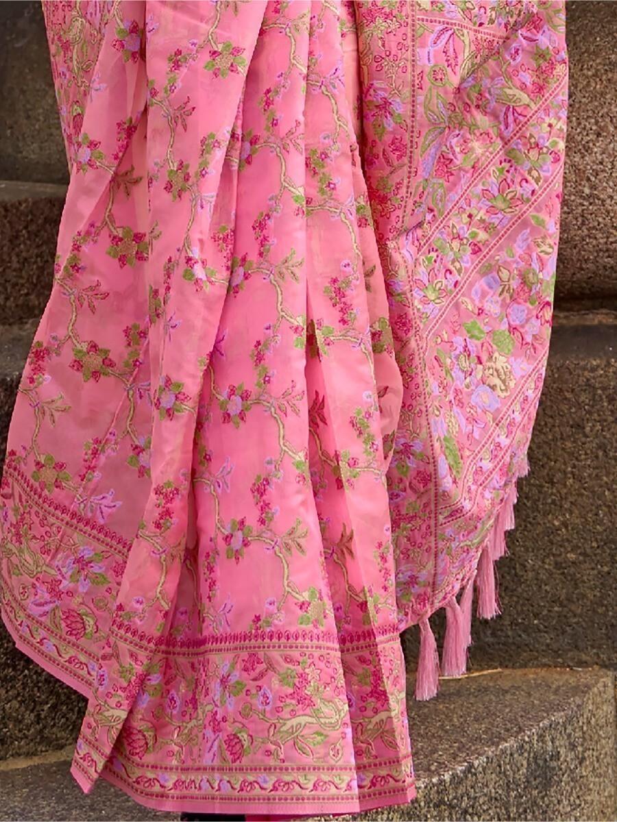 Pink Graceful Organza Silk Parsi Handloom Weaving Saree with Blouse Piece