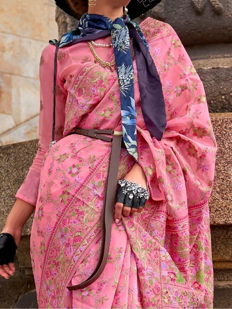 Pink Graceful Organza Silk Parsi Handloom Weaving Saree with Blouse Piece