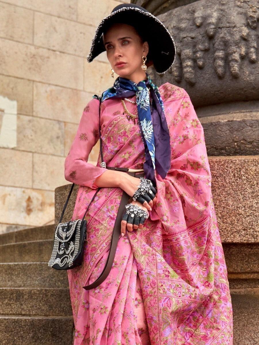 Pink Graceful Organza Silk Parsi Handloom Weaving Saree with Blouse Piece