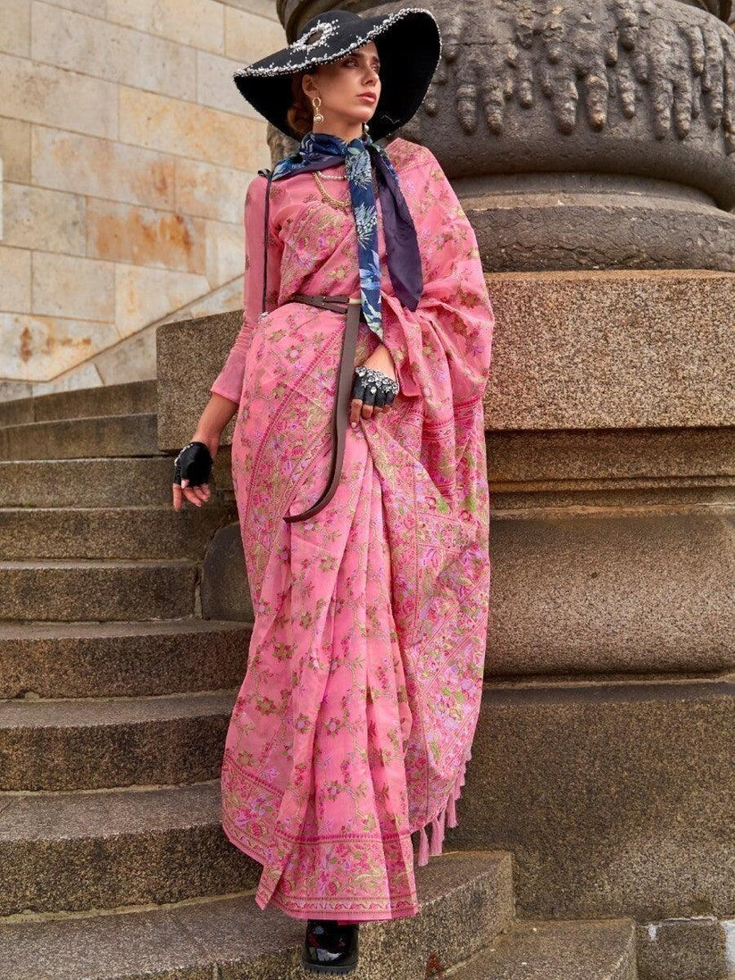 Pink Graceful Organza Silk Parsi Handloom Weaving Saree with Blouse Piece