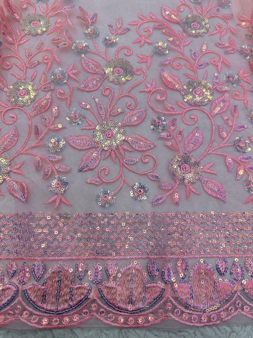Pink Graceful Soft Net Semi-Stitched Lehenga Set with Sequence Embroidery & Fancy Latkans