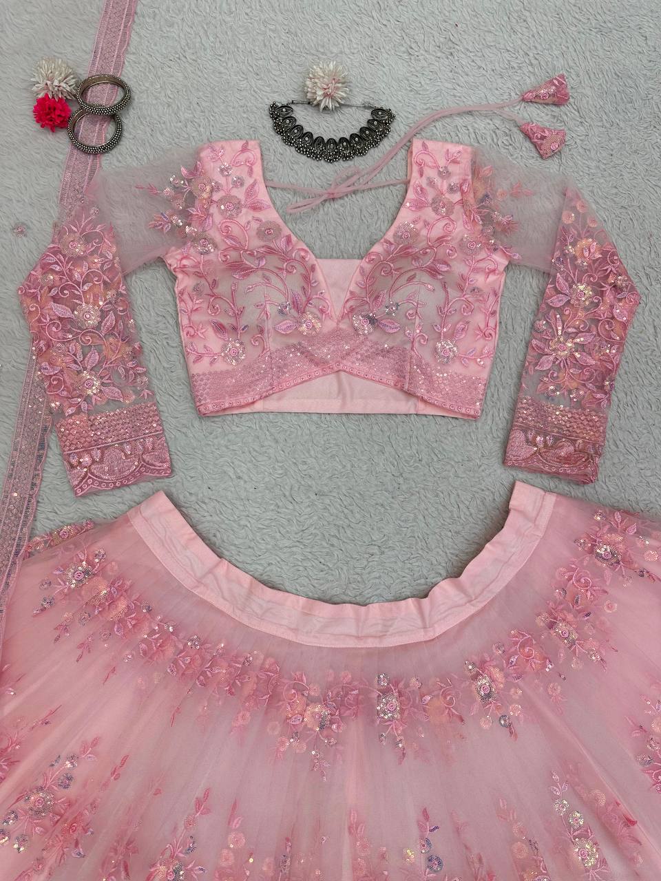 Pink Graceful Soft Net Semi-Stitched Lehenga Set with Sequence Embroidery & Fancy Latkans