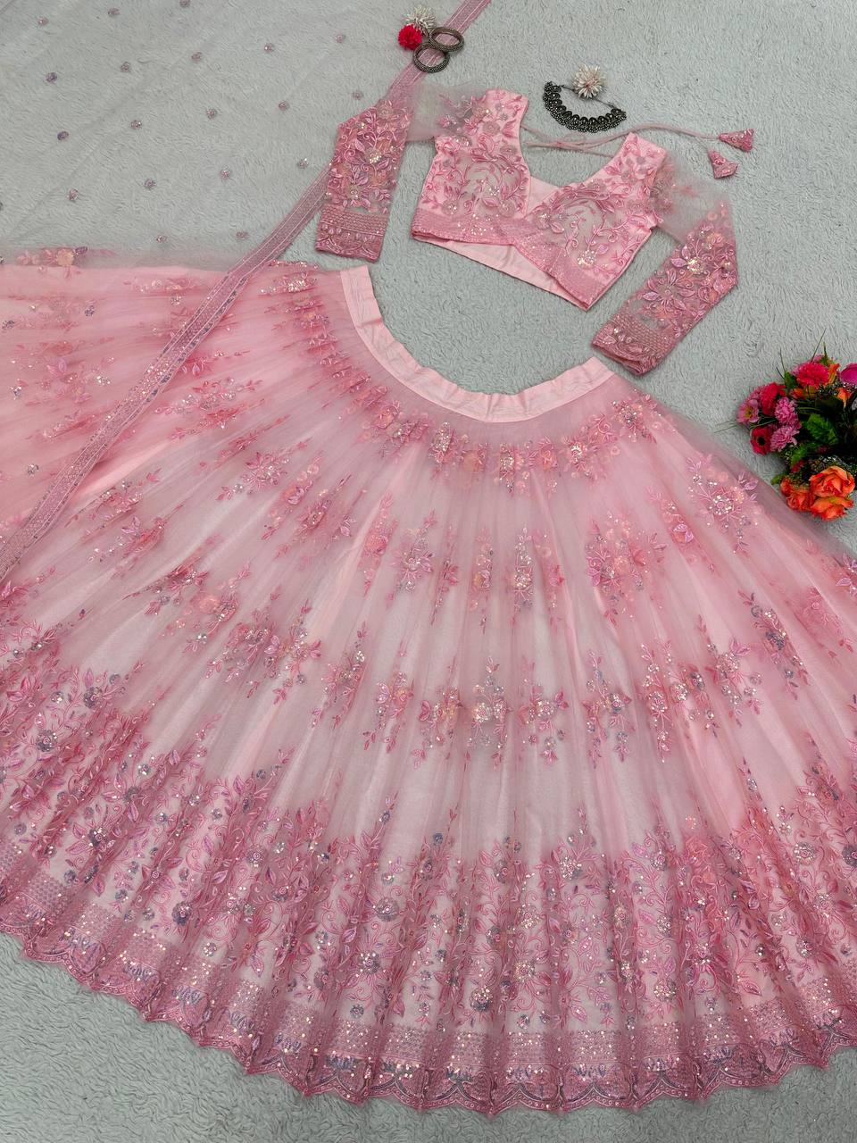 Pink Graceful Soft Net Semi-Stitched Lehenga Set with Sequence Embroidery & Fancy Latkans