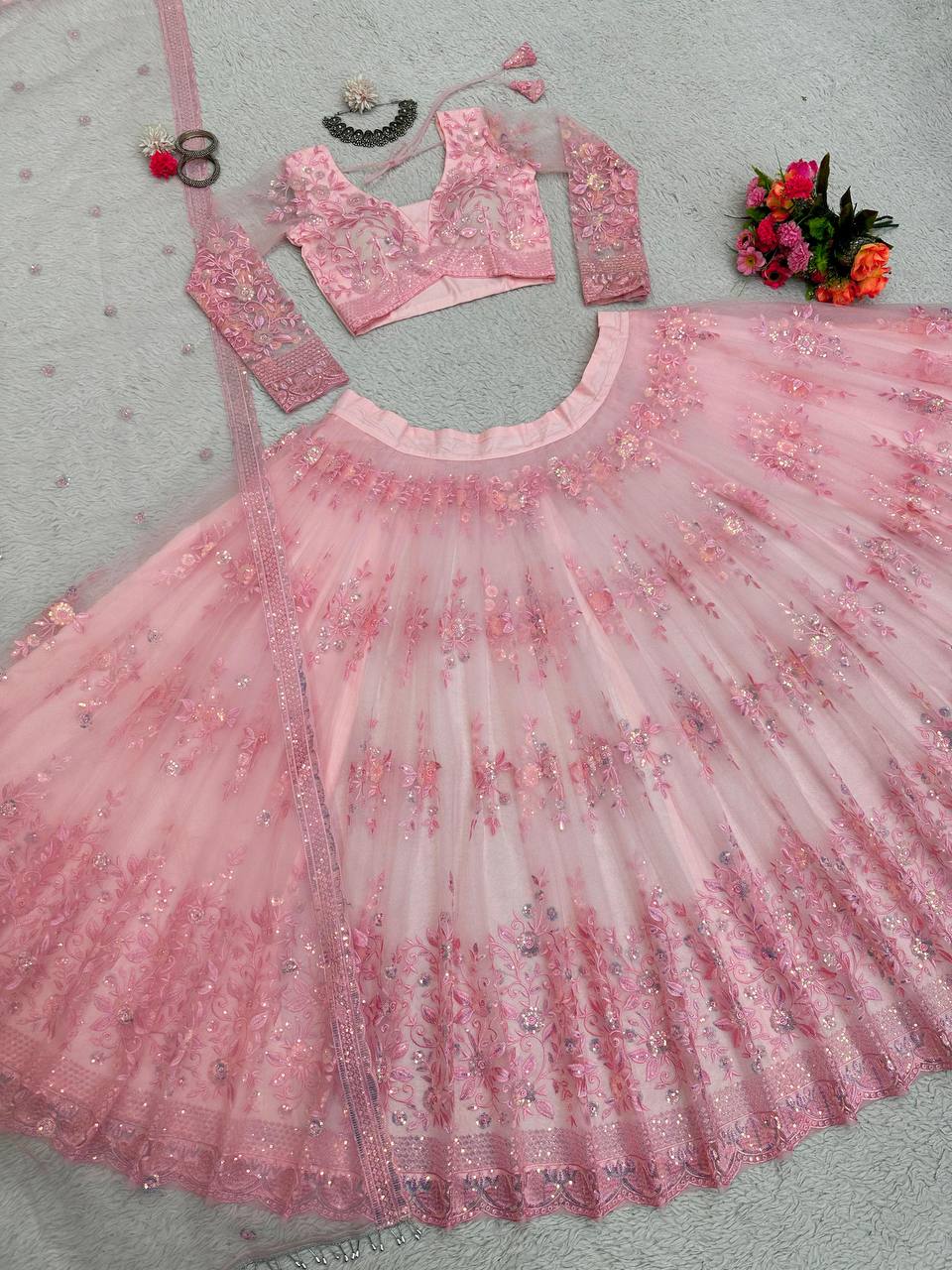 Pink Graceful Soft Net Semi-Stitched Lehenga Set with Sequence Embroidery & Fancy Latkans