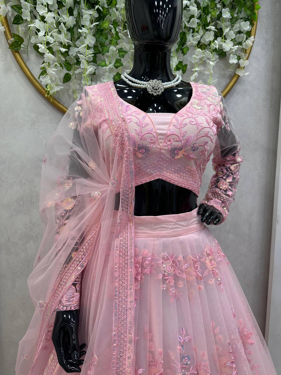 Pink Graceful Soft Net Semi-Stitched Lehenga Set with Sequence Embroidery & Fancy Latkans