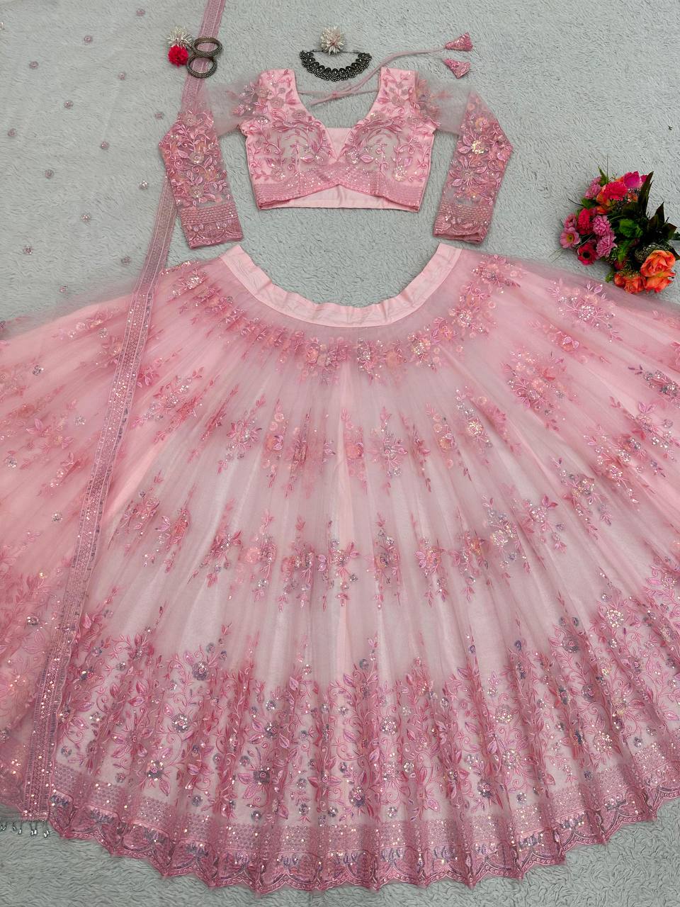 Pink Graceful Soft Net Semi-Stitched Lehenga Set with Sequence Embroidery & Fancy Latkans