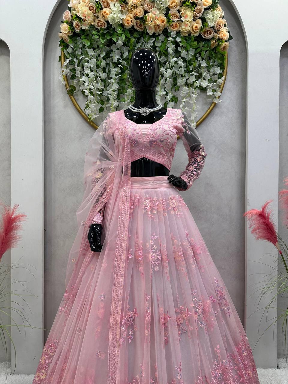 Pink Graceful Soft Net Semi-Stitched Lehenga Set with Sequence Embroidery & Fancy Latkans