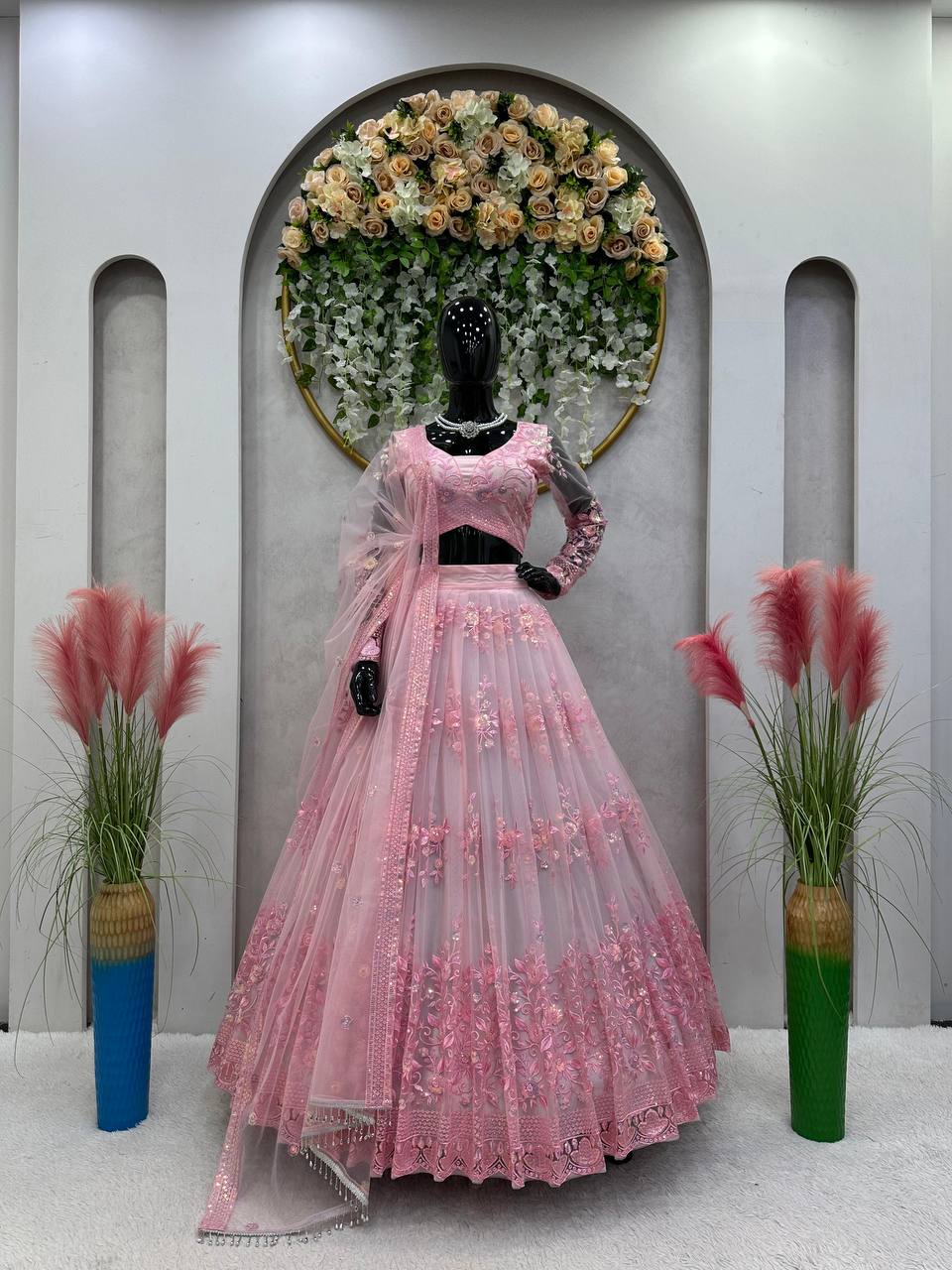 Pink Graceful Soft Net Semi-Stitched Lehenga Set with Sequence Embroidery & Fancy Latkans