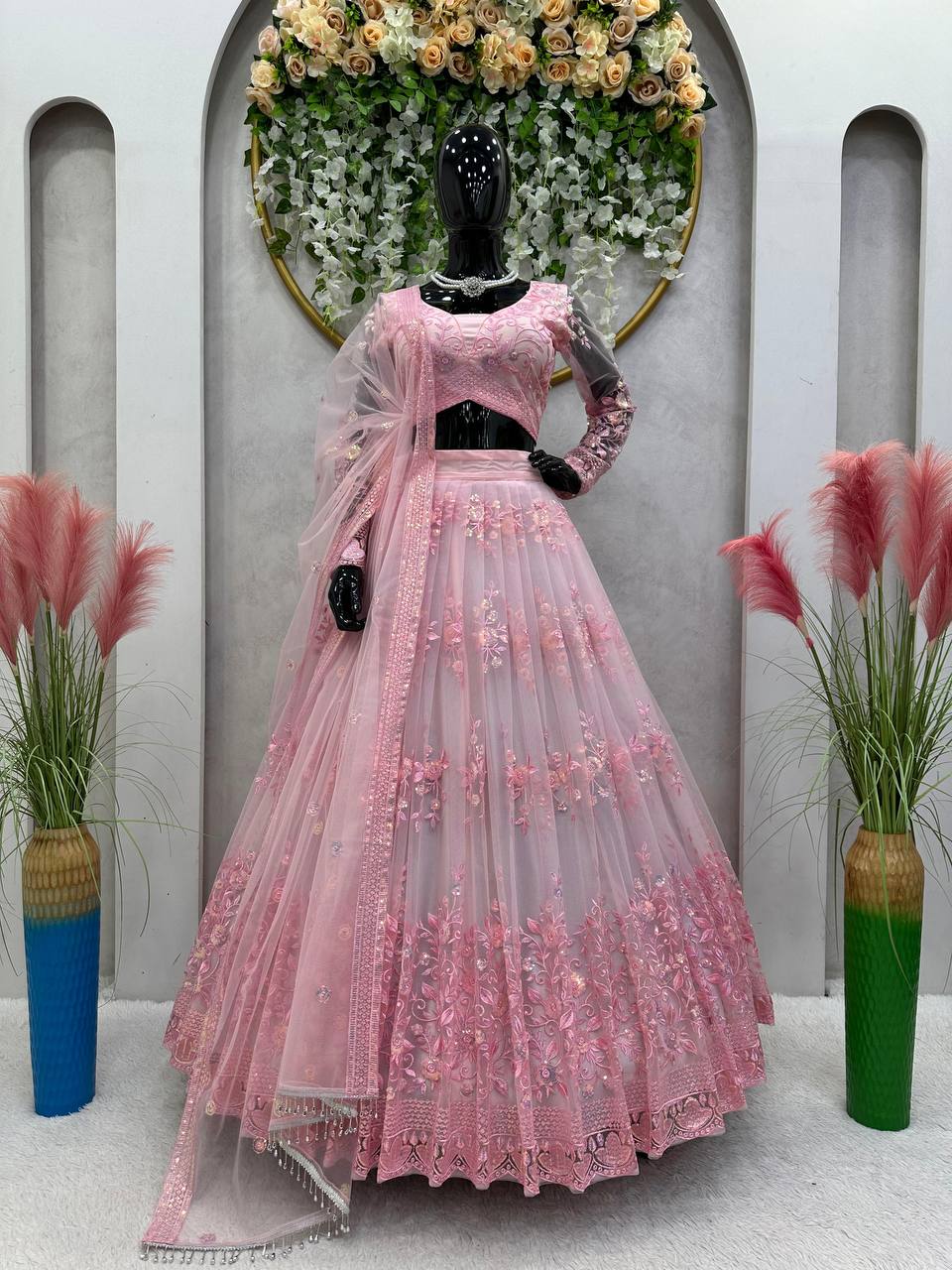 Pink Graceful Soft Net Semi-Stitched Lehenga Set with Sequence Embroidery & Fancy Latkans