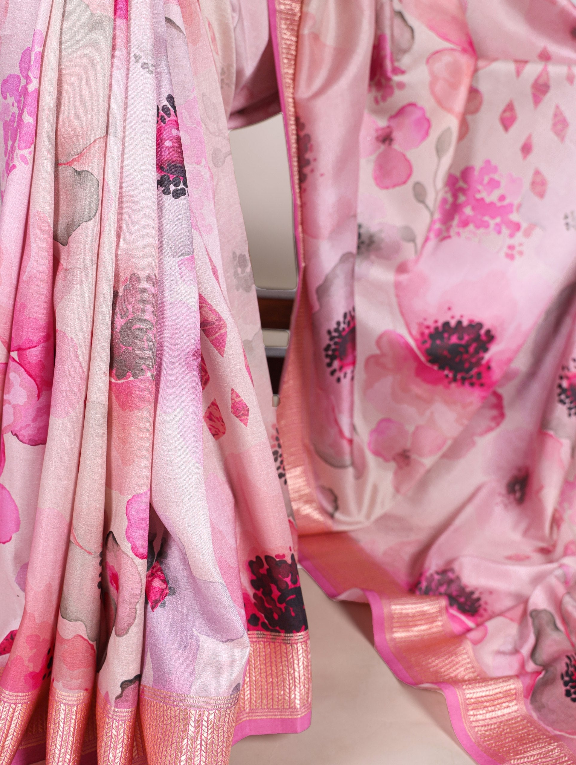 Pink Graceful Tussar Silk Printed Saree with Viscose Border
