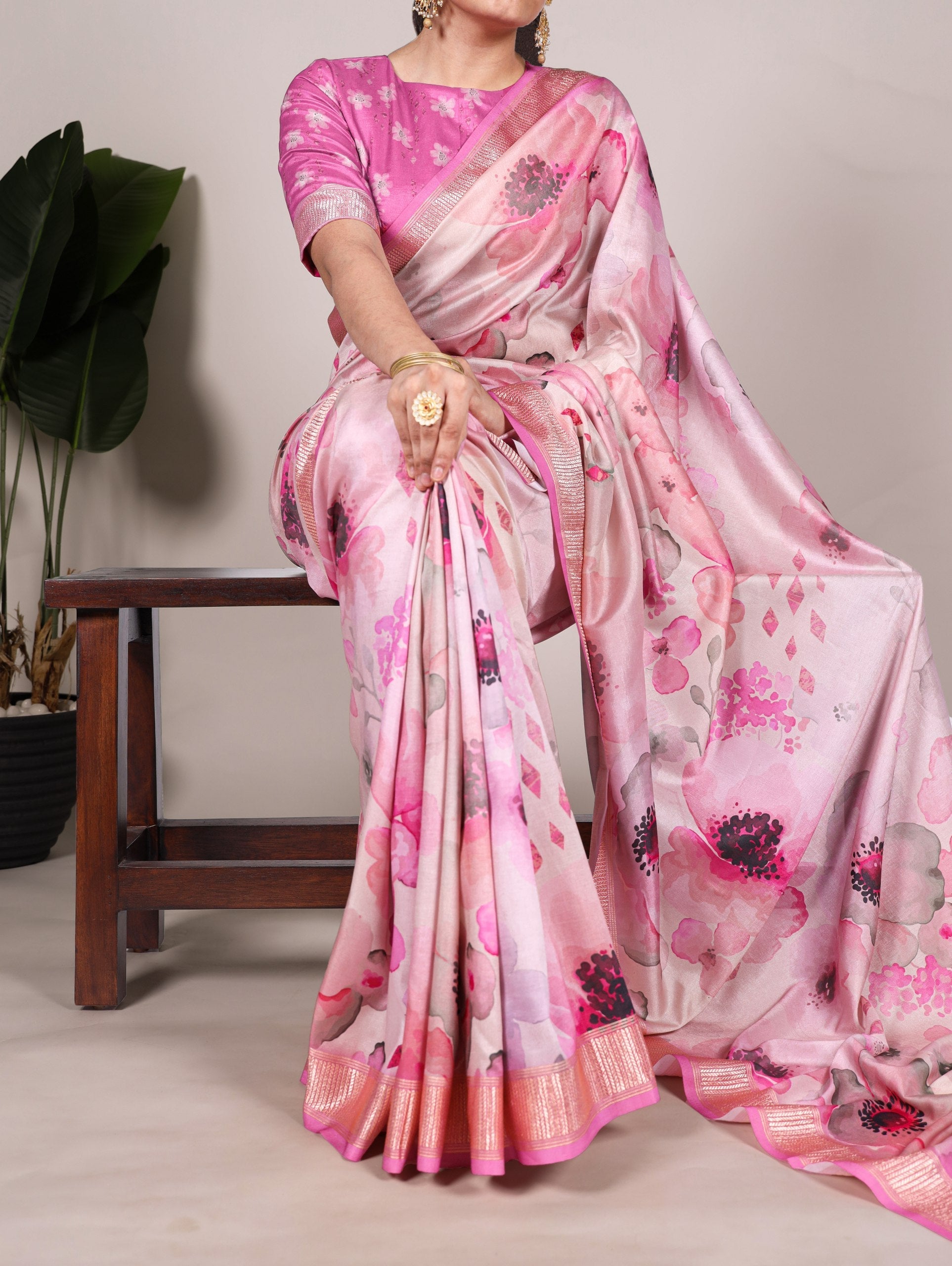 Pink Graceful Tussar Silk Printed Saree with Viscose Border