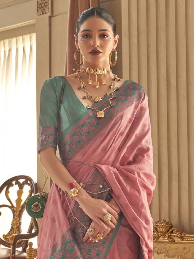 Pink Graceful Woven Banarasi Silk Blend Saree with Tassel Detailing