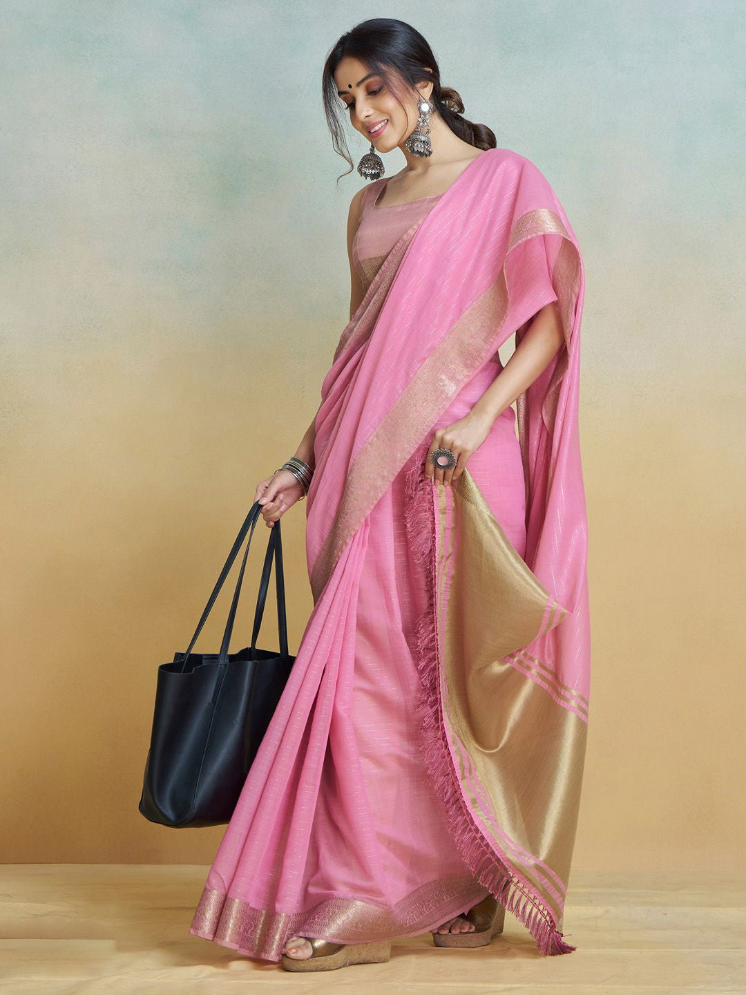Pink Graceful Woven Handloom Pure Cotton Saree with Chanderi Cotton