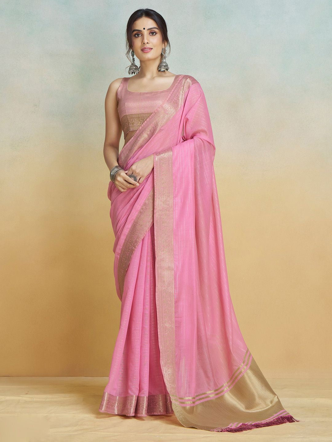 Pink Graceful Woven Handloom Pure Cotton Saree with Chanderi Cotton