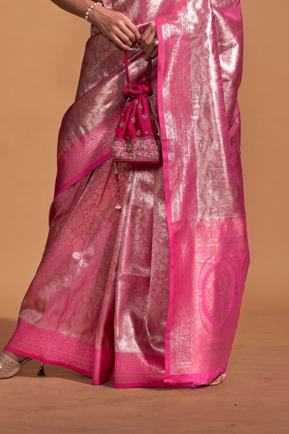 Pink Handwoven Kanjivaram Silk Saree with Blouse Piece