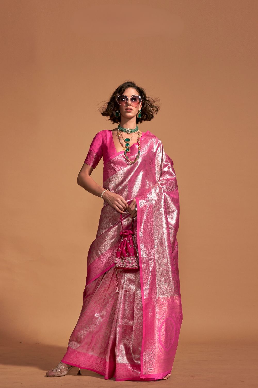Pink Handwoven Kanjivaram Silk Saree with Blouse Piece