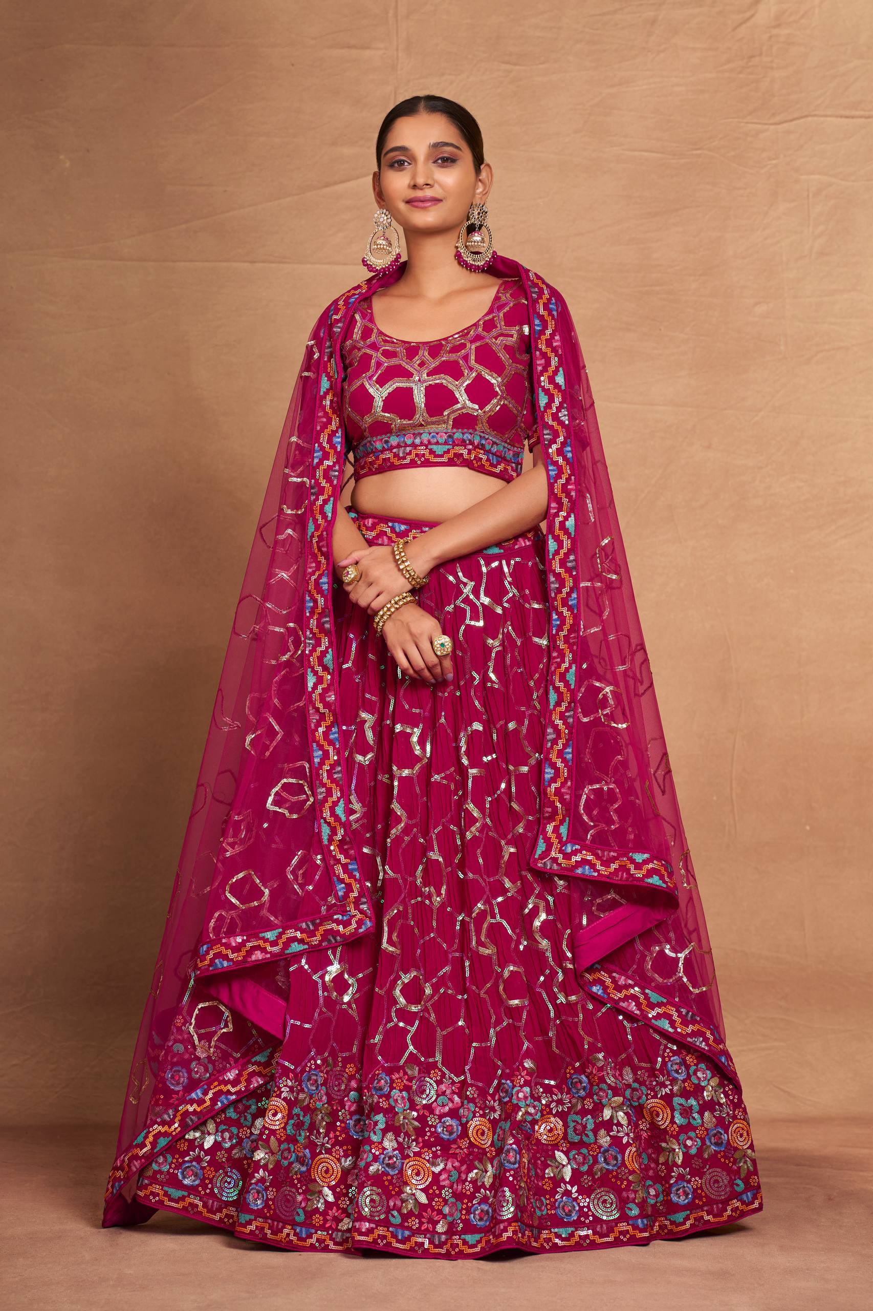 Pink Heavy Georgette Embroidered Lehenga Choli Set with Sequins & Net Dupatta