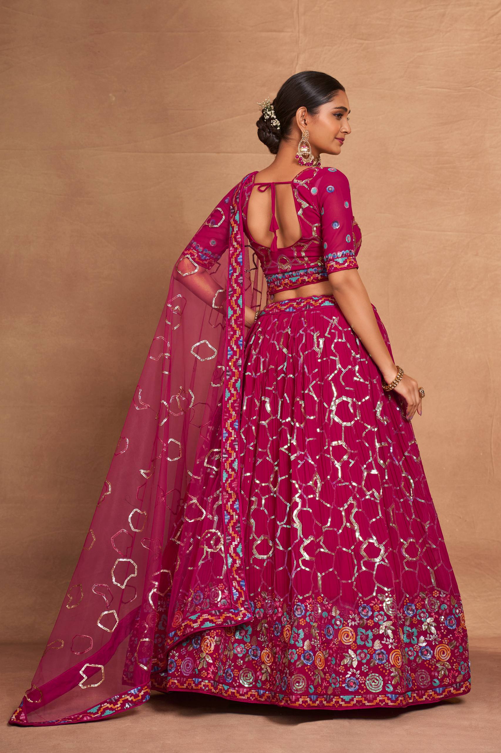 Pink Heavy Georgette Embroidered Lehenga Choli Set with Sequins & Net Dupatta
