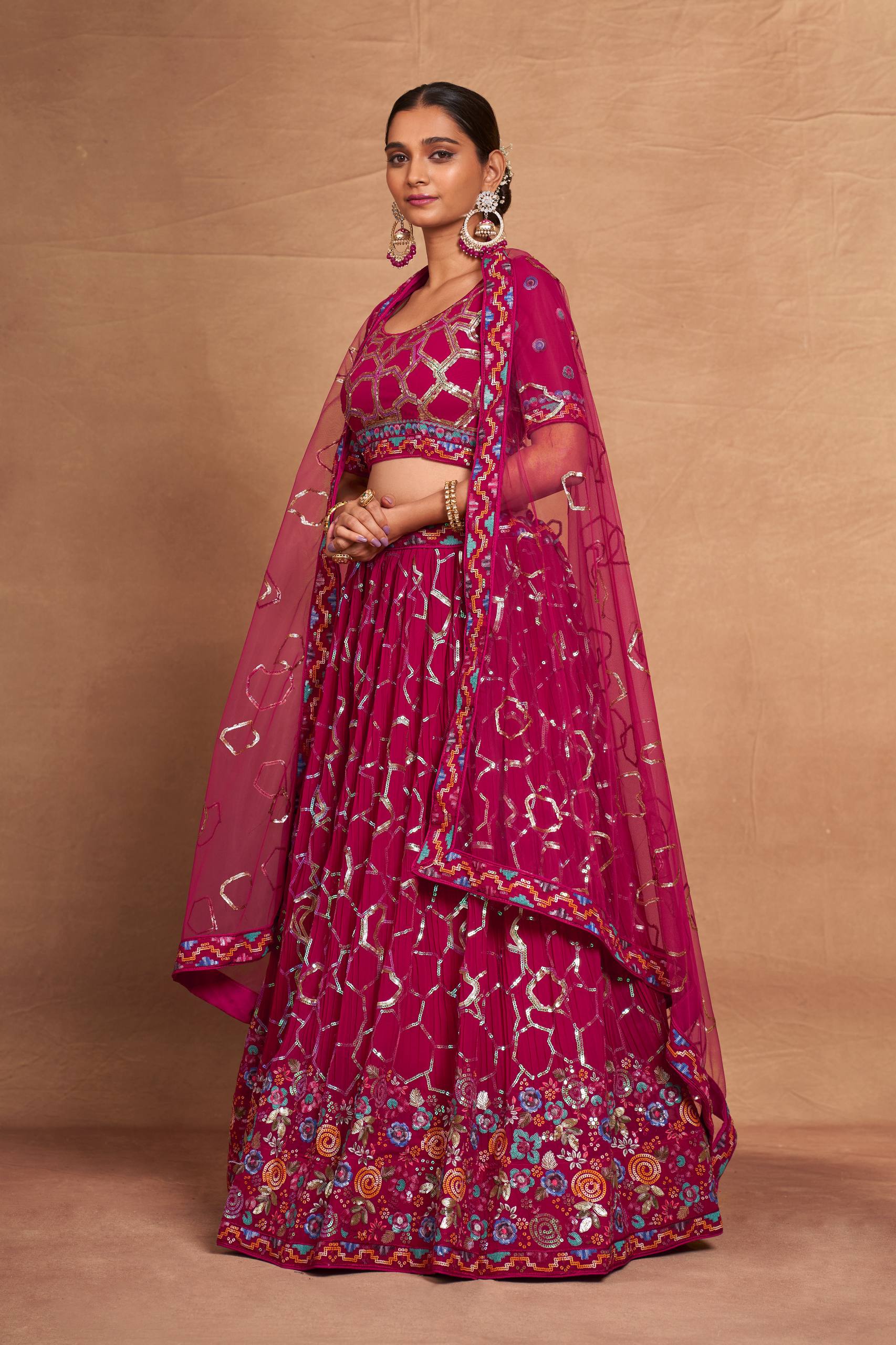 Pink Heavy Georgette Embroidered Lehenga Choli Set with Sequins & Net Dupatta