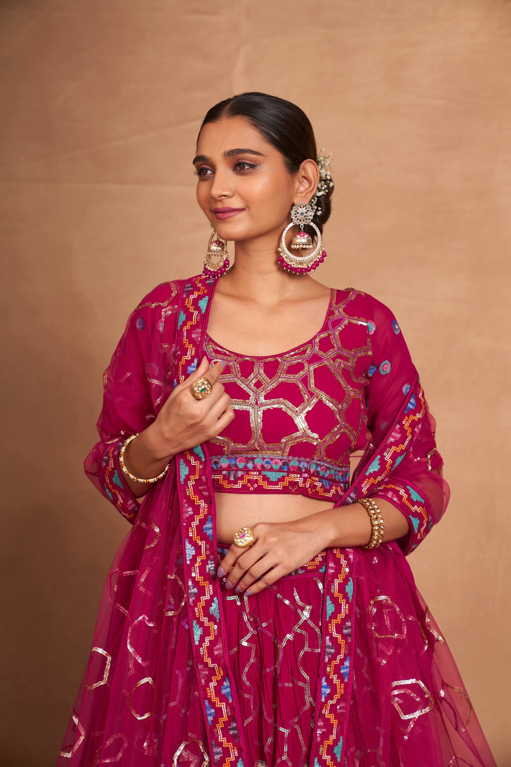 Pink Heavy Georgette Embroidered Lehenga Choli Set with Sequins & Net Dupatta