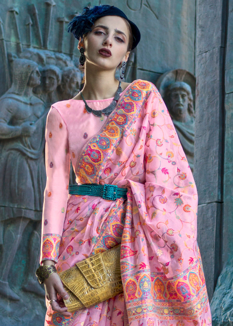 Pink Jamawar Woven Organza Silk Saree – Traditional Elegance with Blouse Piece