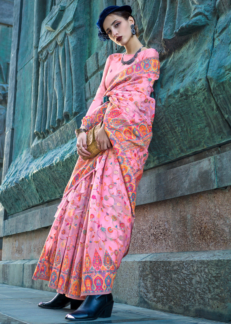 Pink Jamawar Woven Organza Silk Saree – Traditional Elegance with Blouse Piece