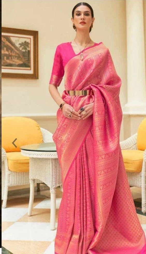 Pink Kanjivaram Silk Saree with Sequins Zari