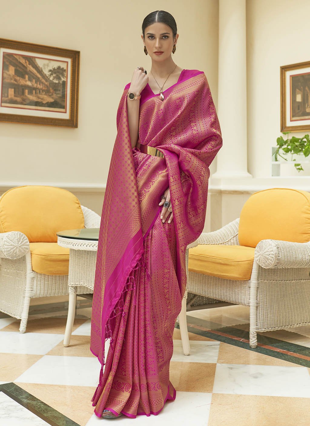 Pink Kanjivaram Silk Saree with Sequins Zari