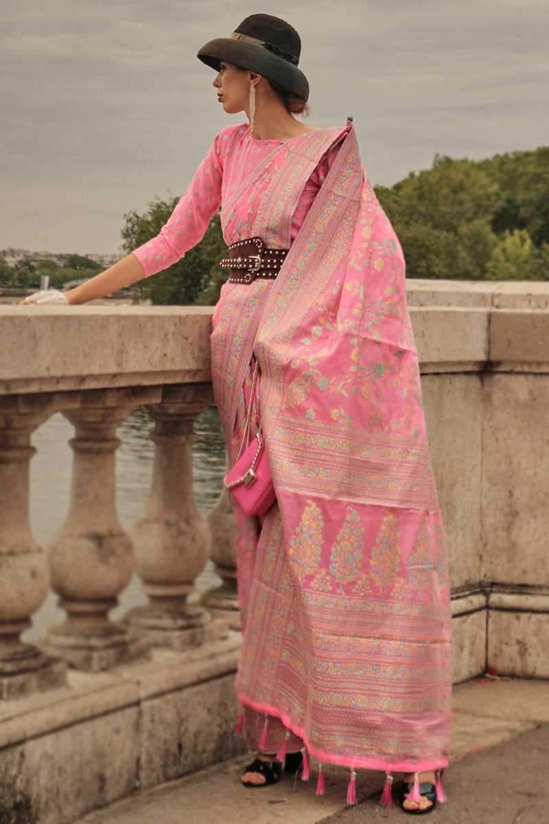 Pink Kashmiri Satin Organza Handloom Weaving Saree with Unstitched Blouse